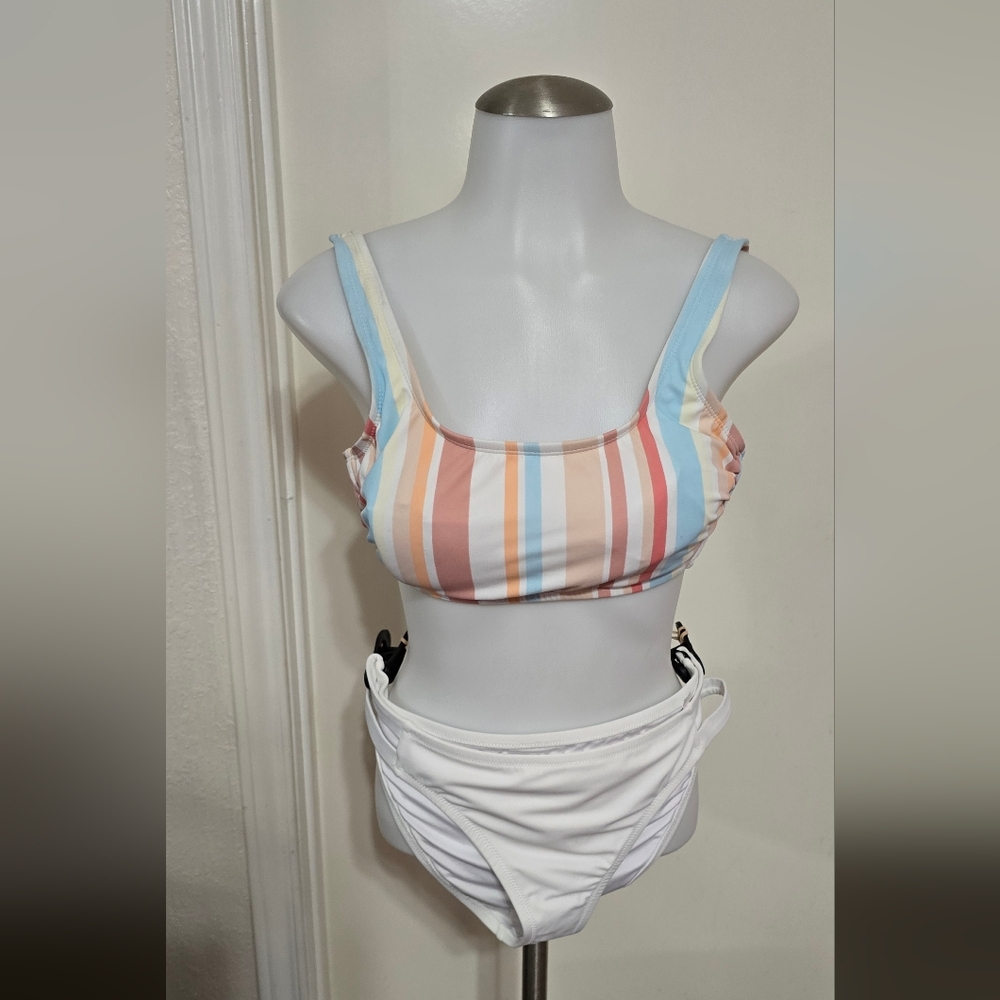 #1009 Striped Multicolor Bikini Top with White Bottoms